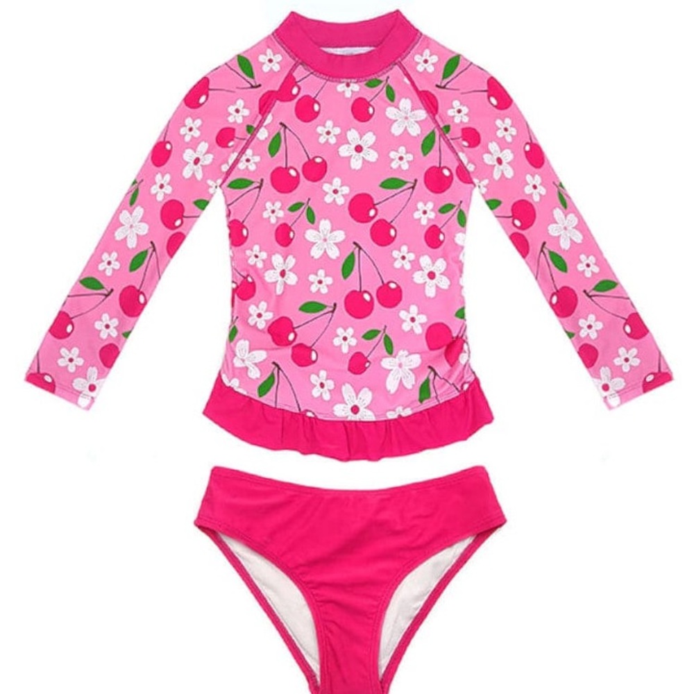 SHEKINI Girls Cherry 2 piece Rashguard Swimsuit UPF 50 Long Sleeve sz 6/8 NWT